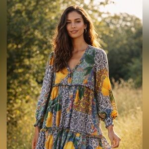 Cottagecore Lemon Patchwork Midi Dress –Boho, size M